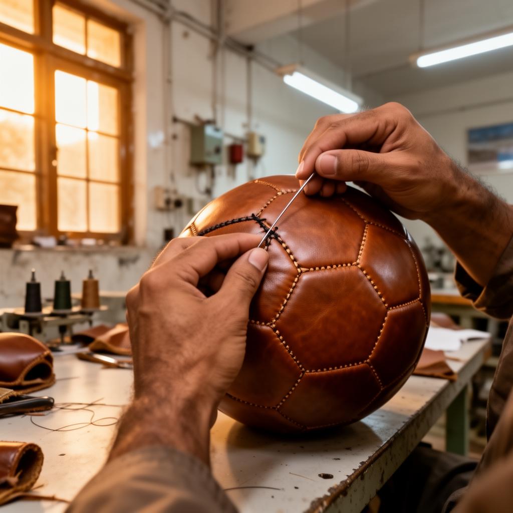 Artisan hand-stitching a leather football panel by panel