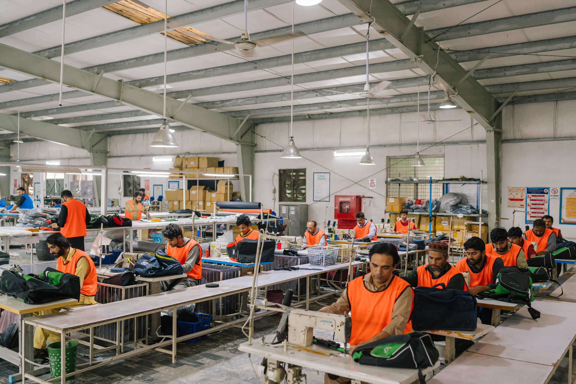 Factory floor where sports goods are assembled and inspected